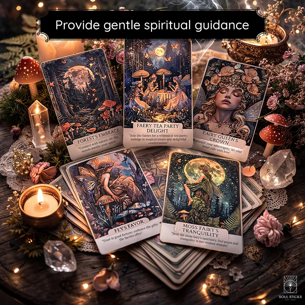 Fae Whispers oracle card deck spread of cards