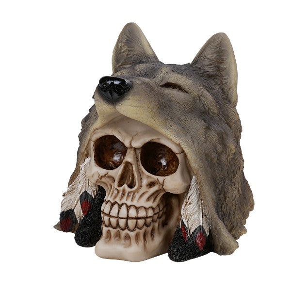 Grey Wolf Warrior Skull Figurine
