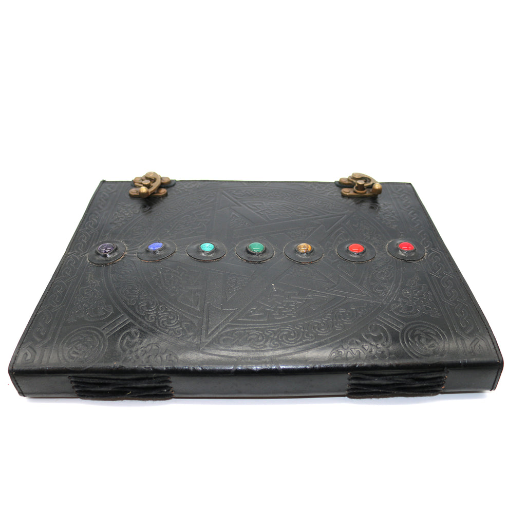 Black 7 Chakra Pentacle with Stones Embossed Blank Leather Journal