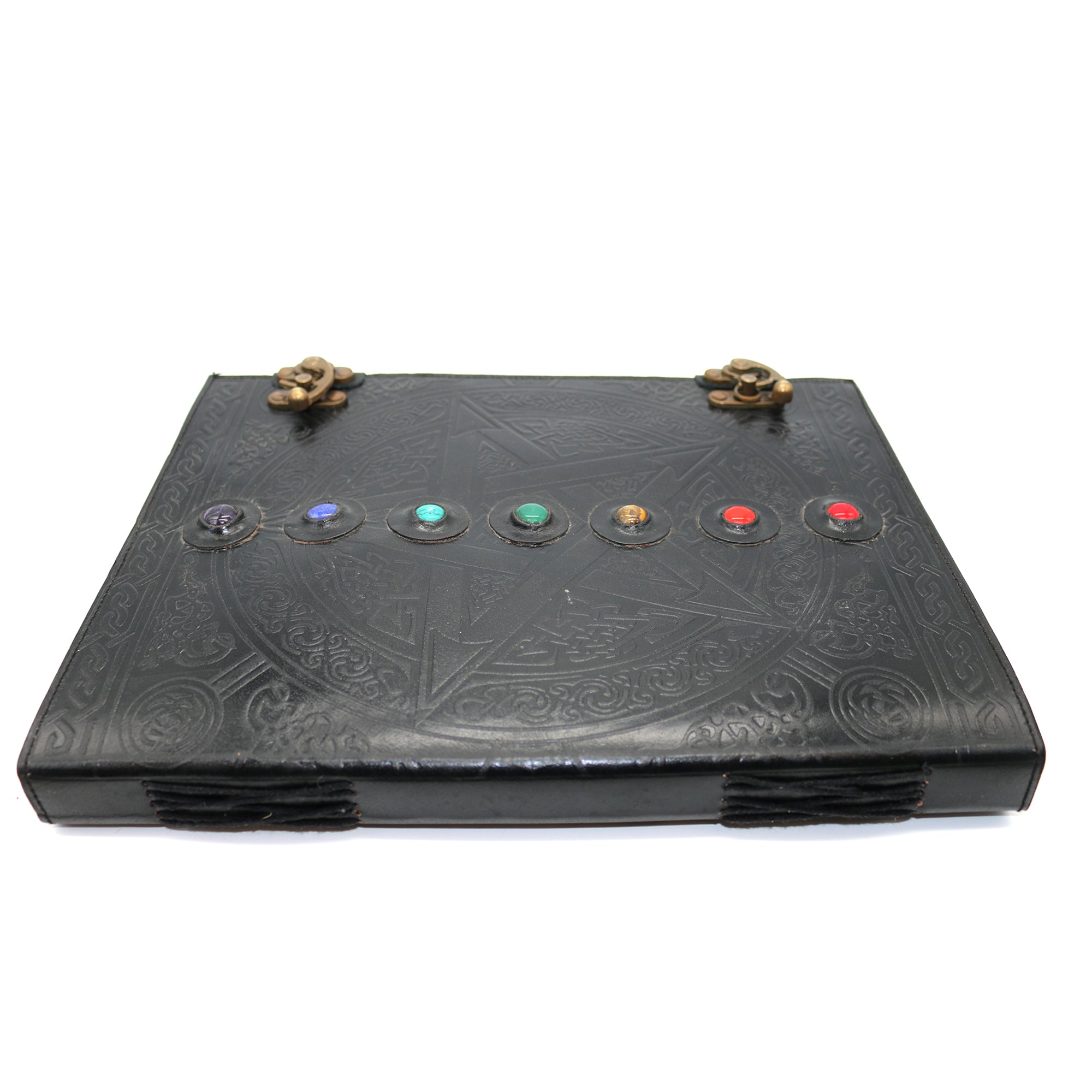 Black 7 Chakra Pentacle with Stones Embossed Blank Leather Journal