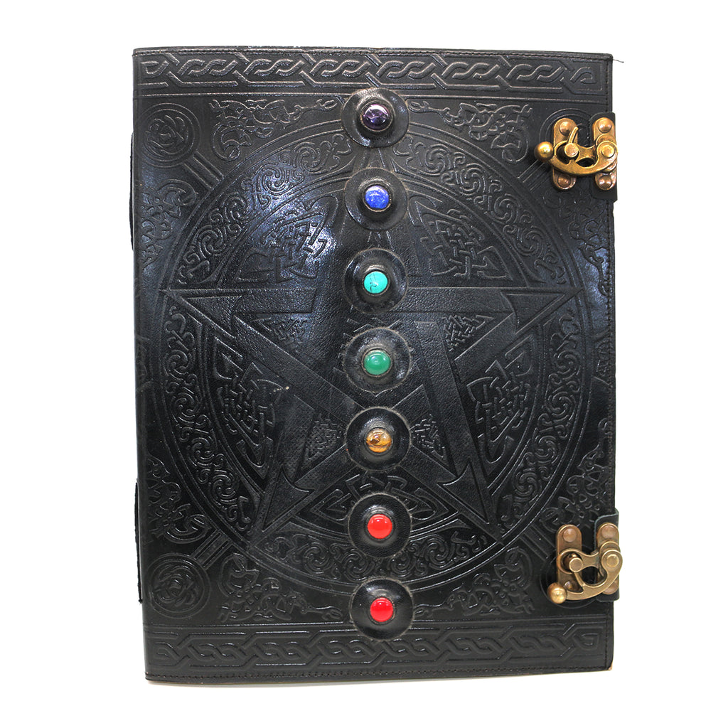 Black 7 Chakra Pentacle with Stones Embossed Blank Leather Journal