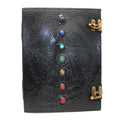 Black 7 Chakra Pentacle with Stones Embossed Blank Leather Journal
