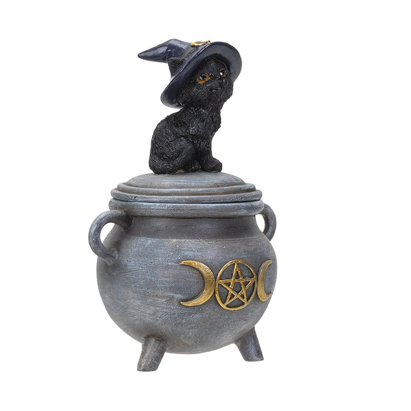 Black Cat Witch Hat Cauldron Trinket Box