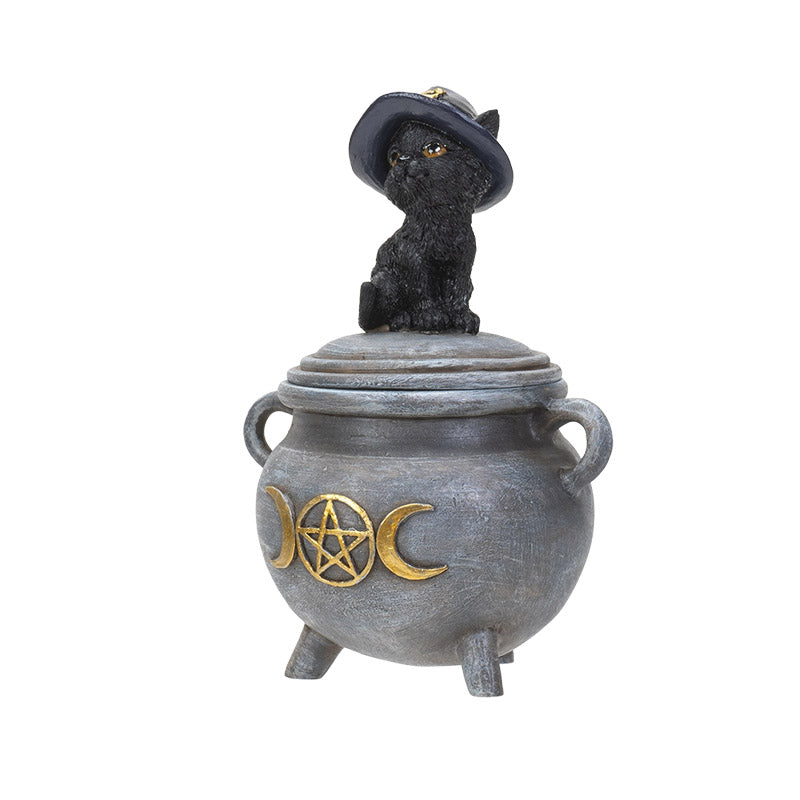 Black Cat Witch Hat Cauldron Trinket Box