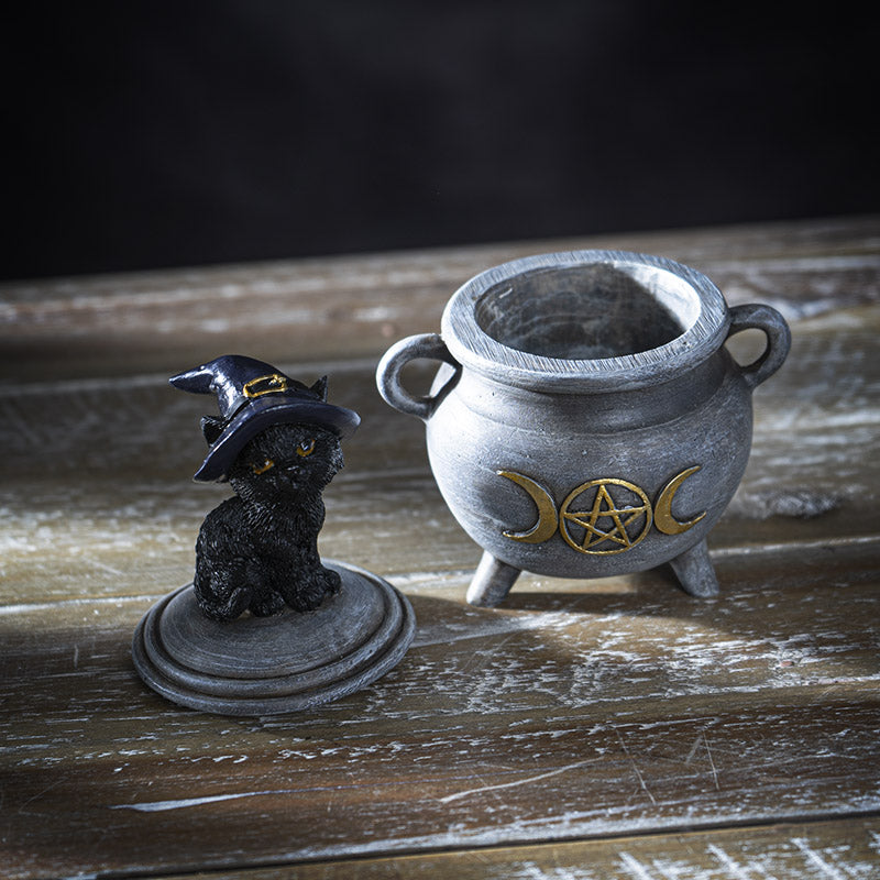 Black Cat Witch Hat Cauldron Trinket Box