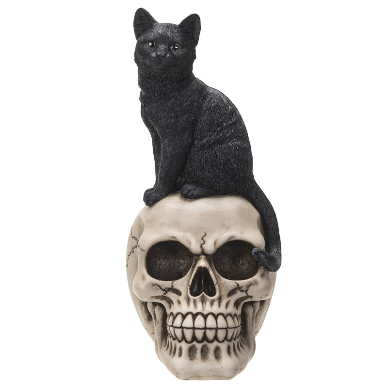 Witching Hour Black Cat on Skull Figurine