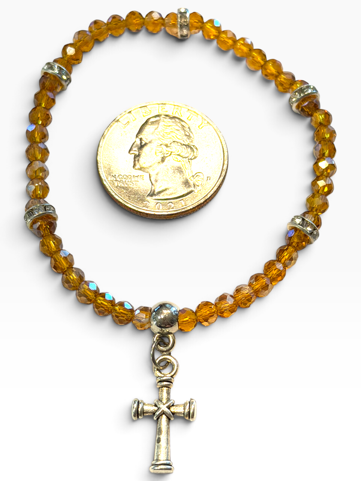 Amber Iridescent w/Cross Charm 4mm Bracelet