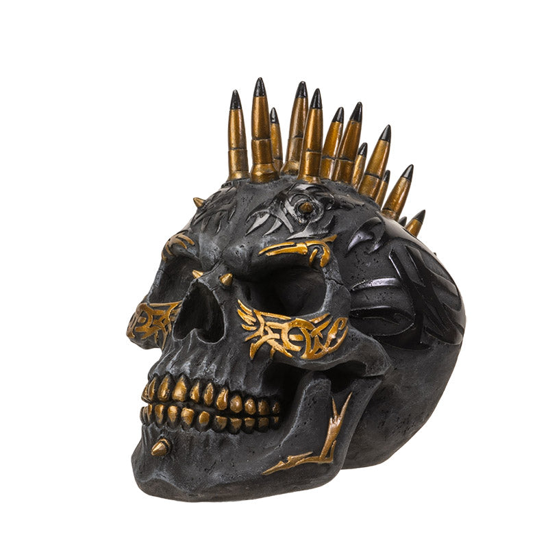 Black & Gold Bullet Shell Mohawk Tattoo Skull Figurine