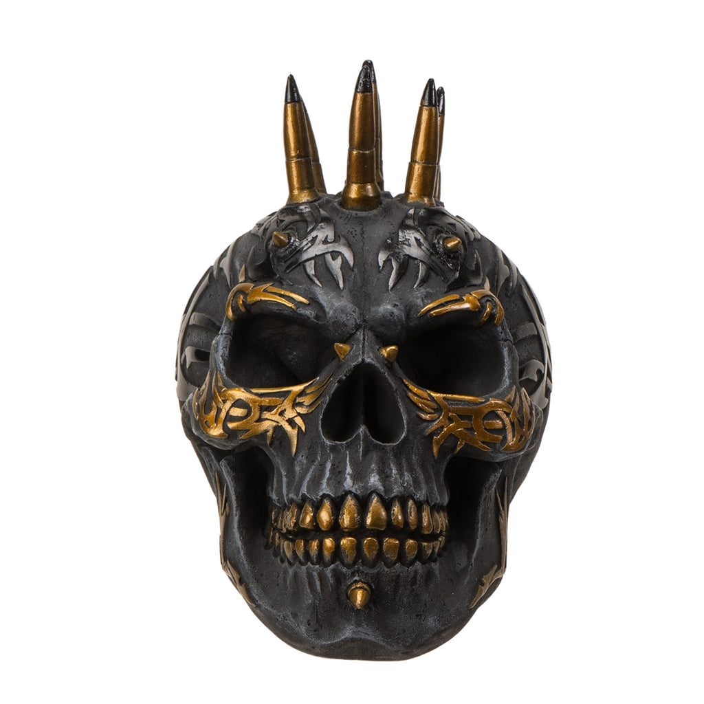 Black & Gold Bullet Shell Mohawk Tattoo Skull Figurine