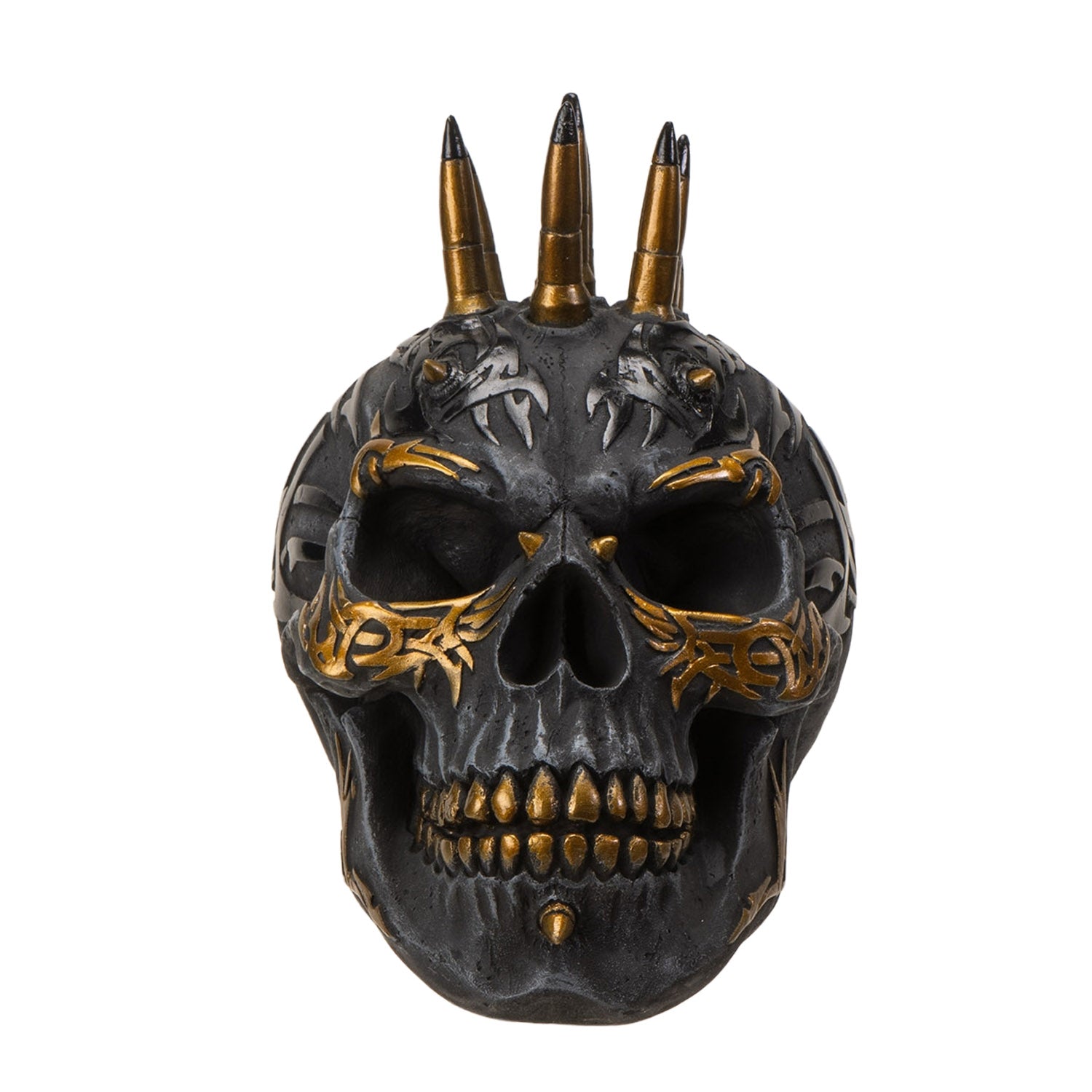 Black & Gold Bullet Shell Mohawk Tattoo Skull Figurine
