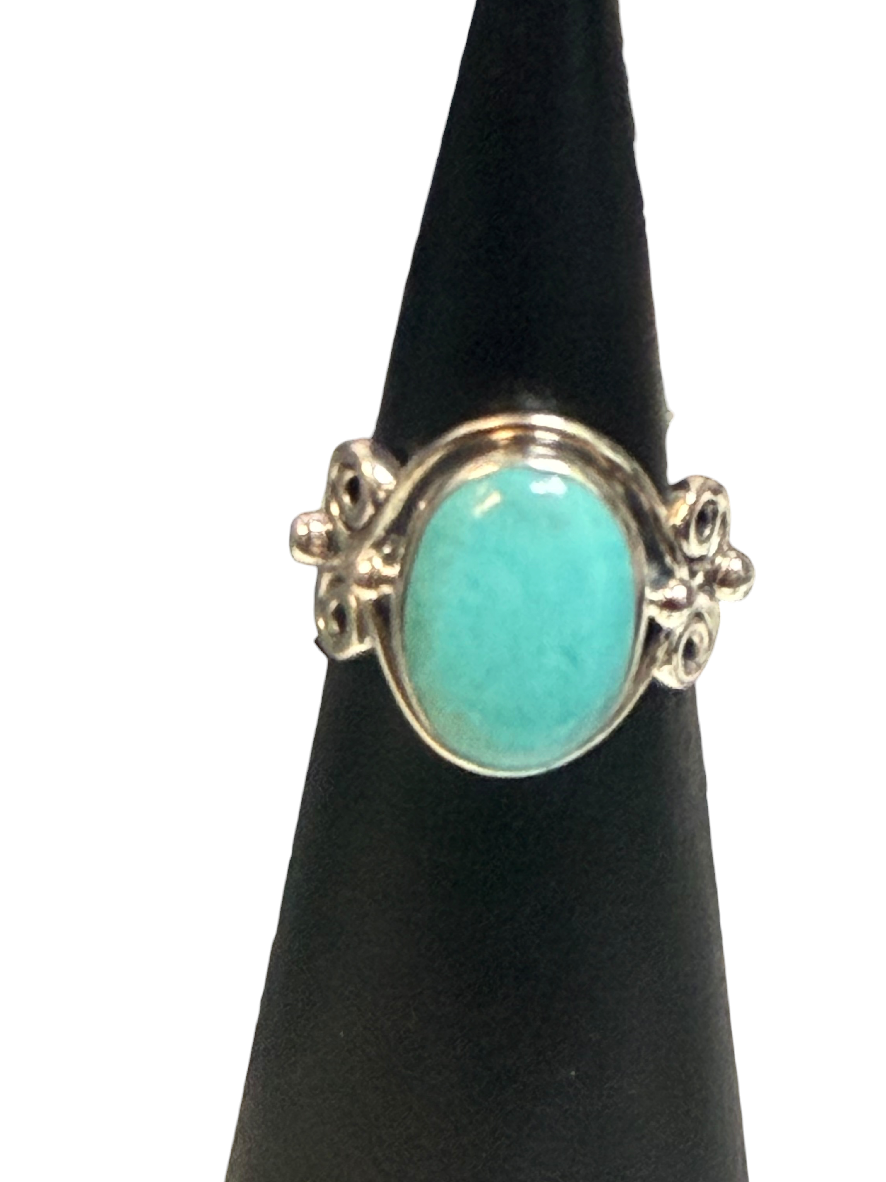 Mexican Turquoise Oval with Spirals Sterling Silver Ring