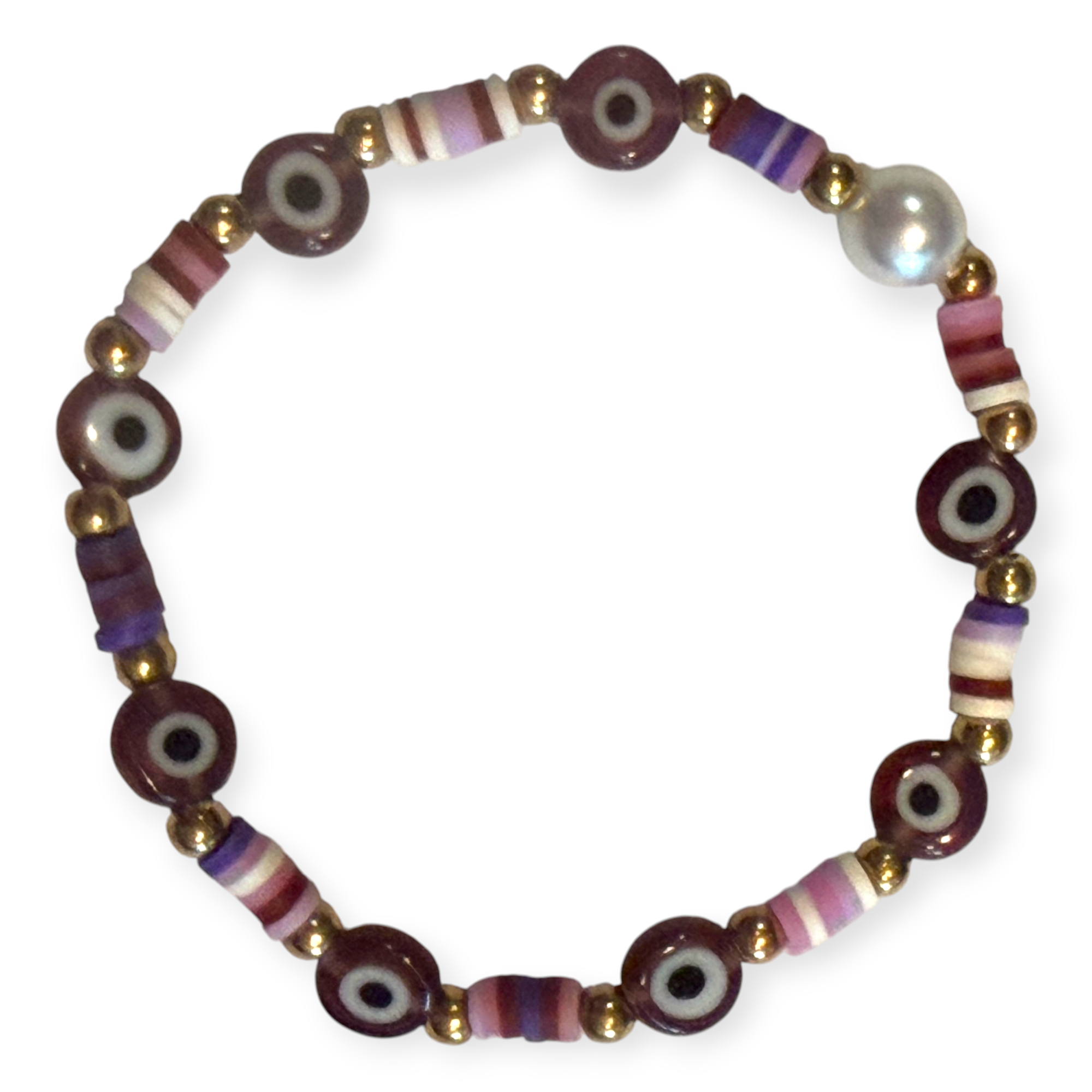 Purple Clay w/Pearl 4mm Evil Eye Bracelet