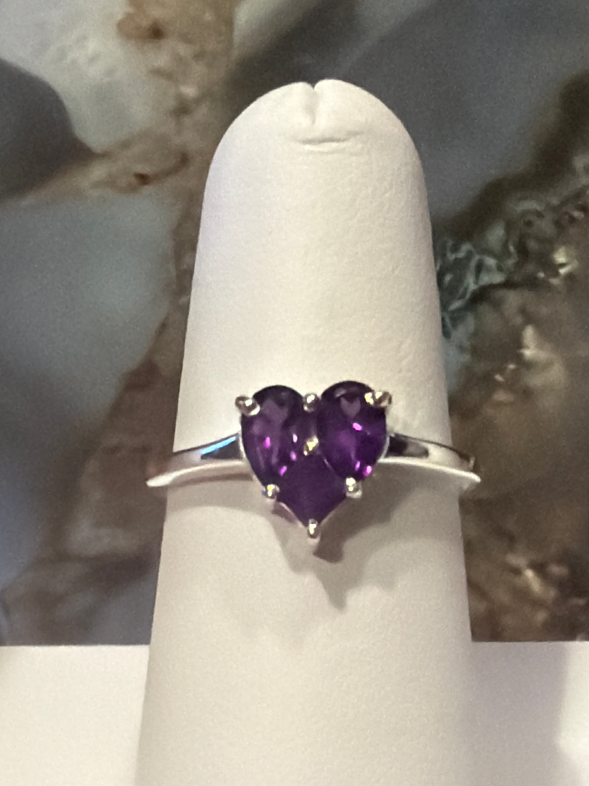 Amethyst 3 Stone Heart Sterling Silver Ring