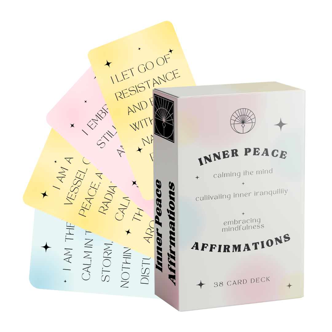 Box with fanned cards: “Inner Peace Affirmations 38-card deck by Soul Sticks with pastel affirmation cards and coordinating box.”