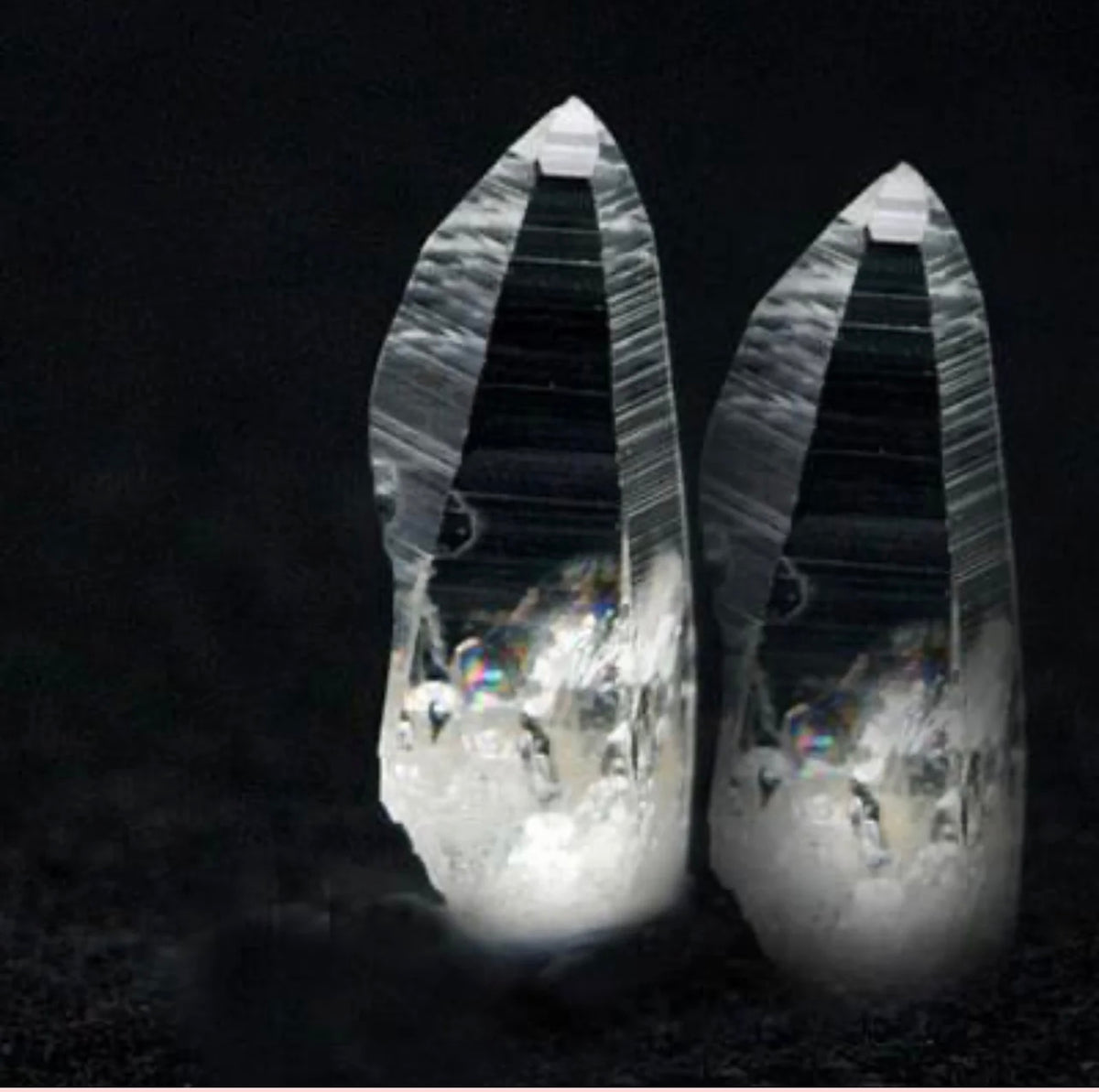 Two natural Lemurian quartz crystal points from Tammy's collection, The Lemurian Resonance Experience at Vegas Crystal Healings