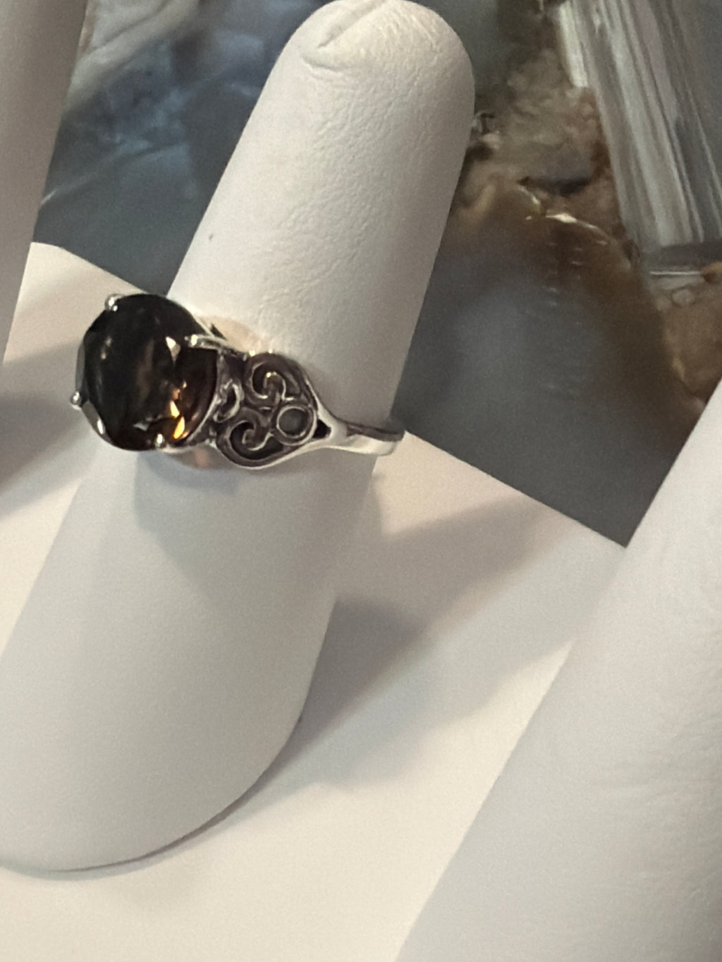 Smokey Quartz Raised Round with Heart Sterling Silver Ring