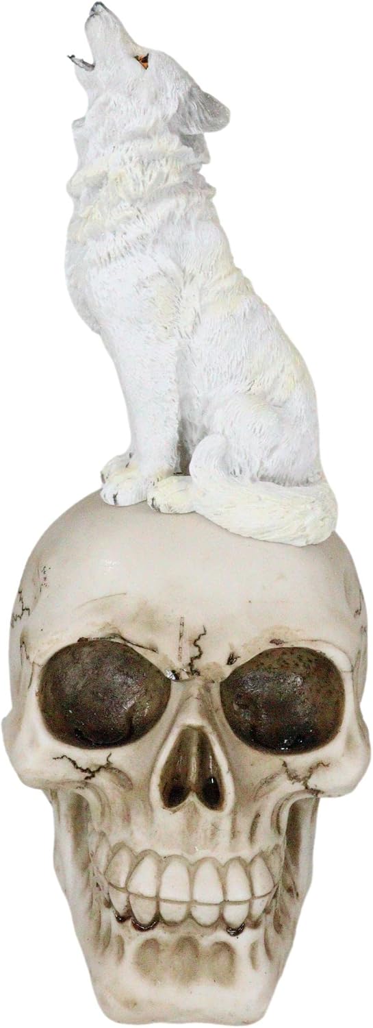 Howling Snow White Wolf Sitting On Graveyard Skull Figurine