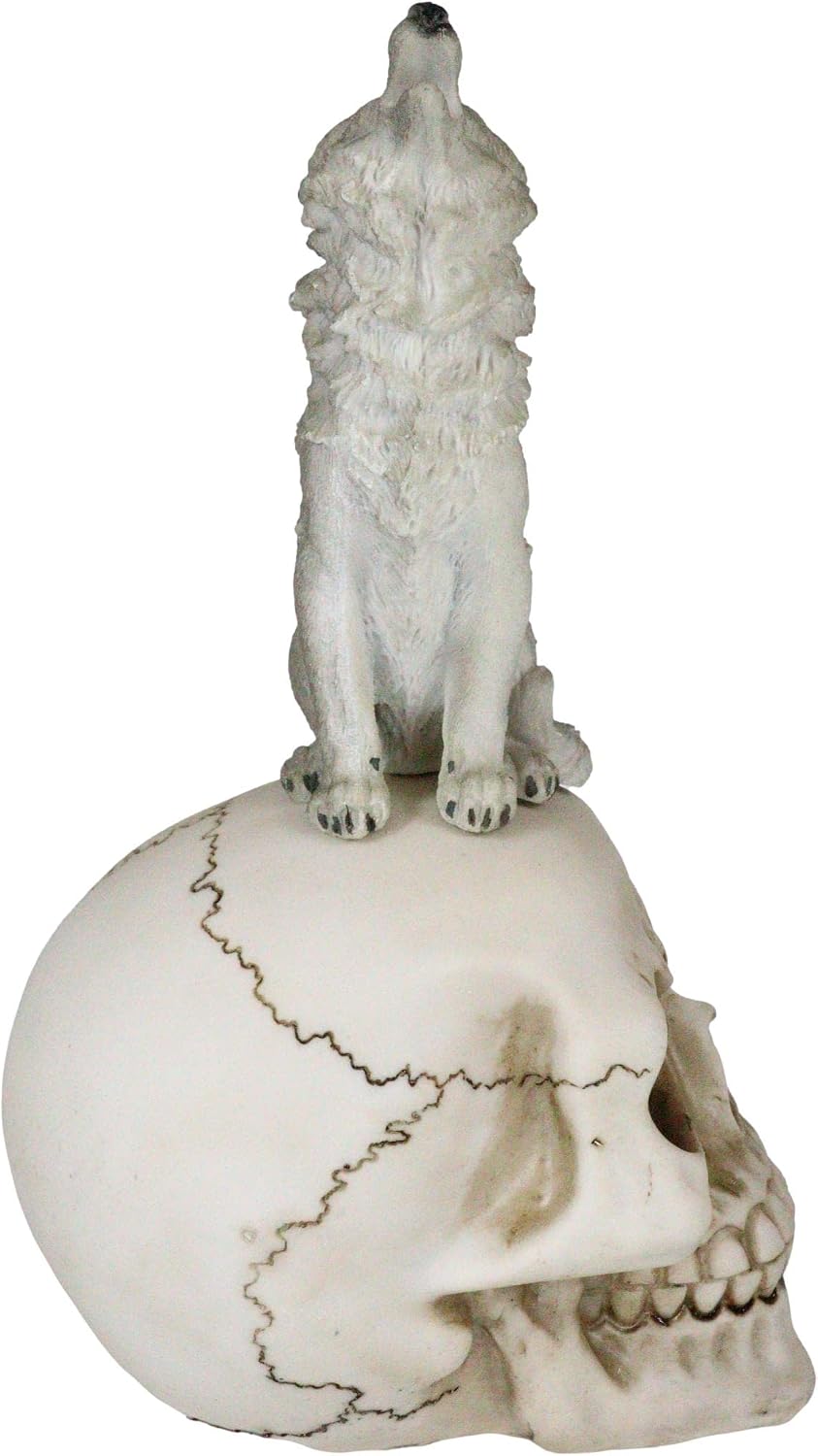 Howling Gray Wolf Sitting On Graveyard Skull Figurine