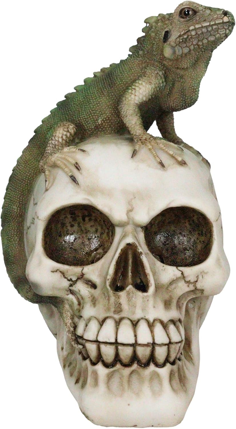 Iguana on Skull Figurine — Reptilian Dark Art Statue