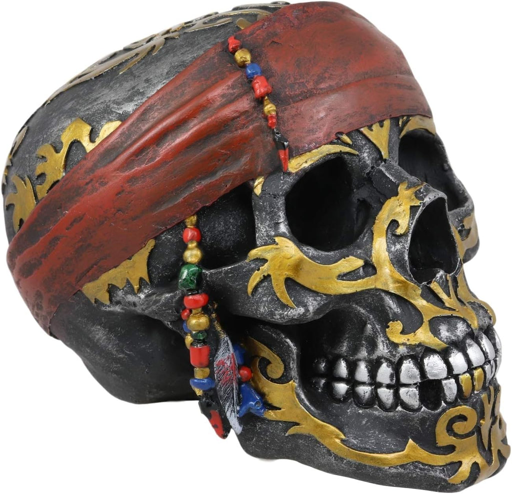 Tribal Gold Tattoo Pirate Skull with Red Bandana Statue