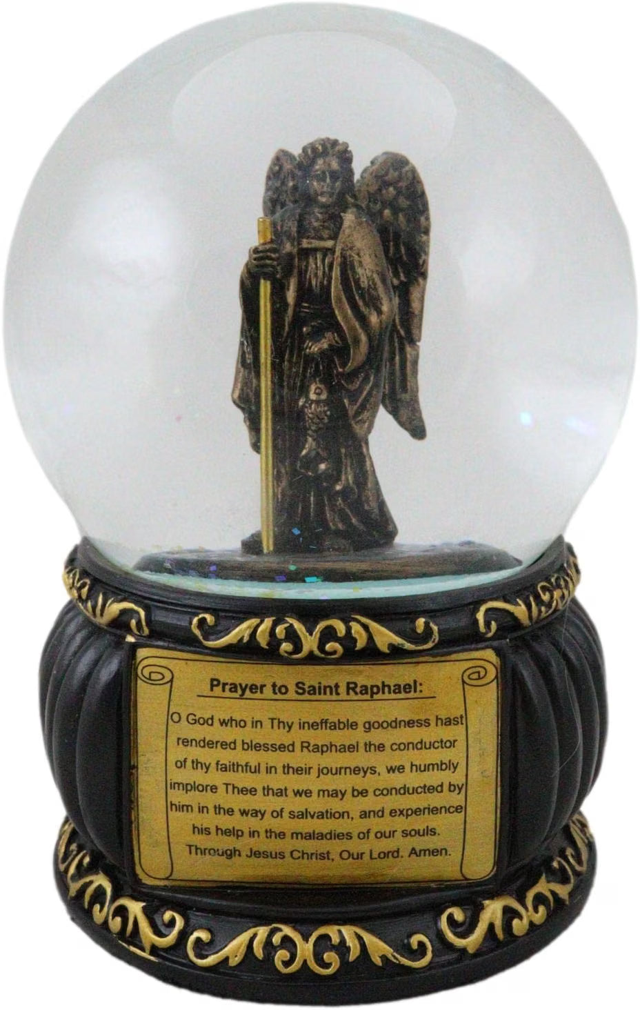 Prayer to Saint Raphael Glitter Water Globe with Prayer Plaque