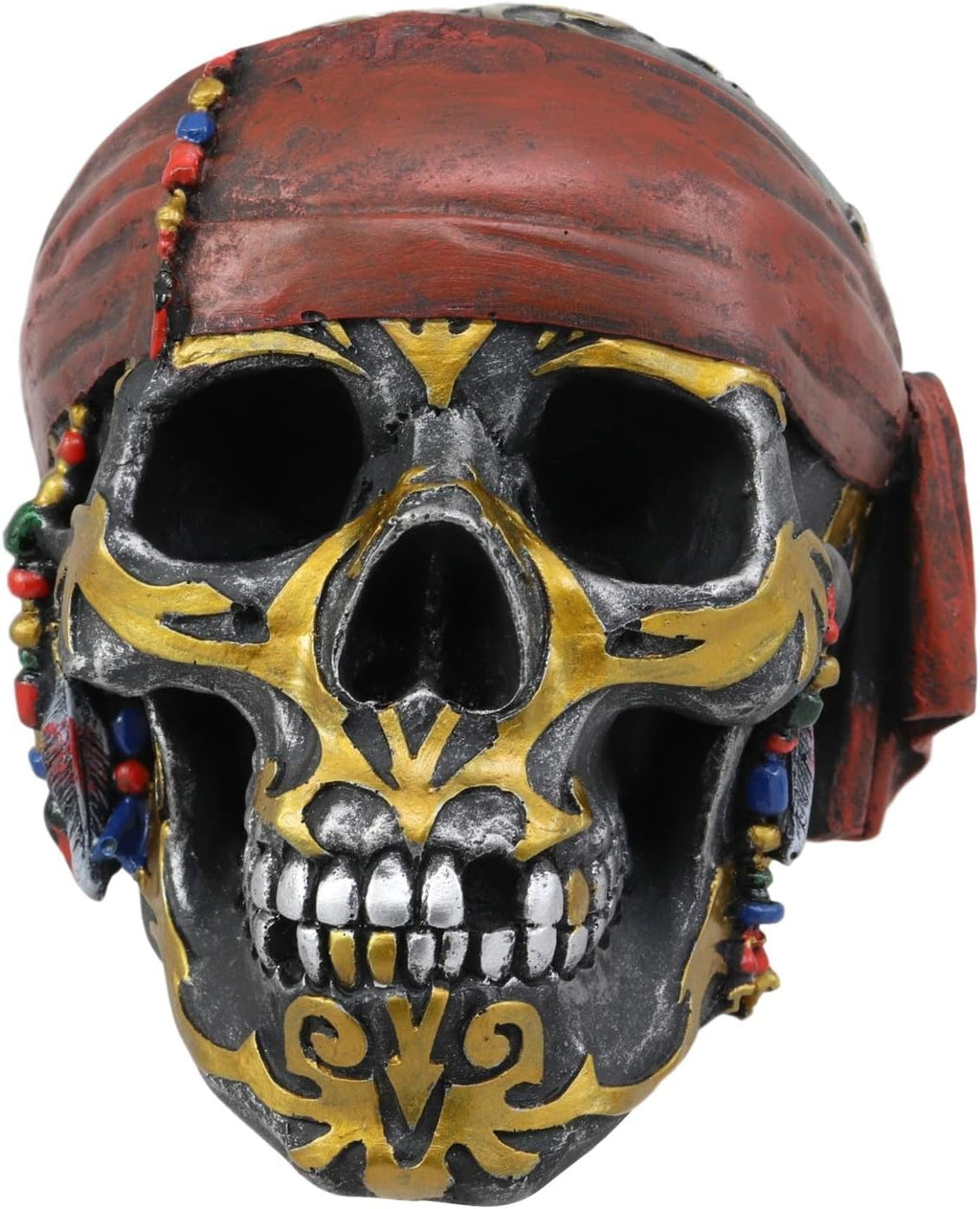 Tribal Gold Tattoo Pirate Skull with Red Bandana Statue