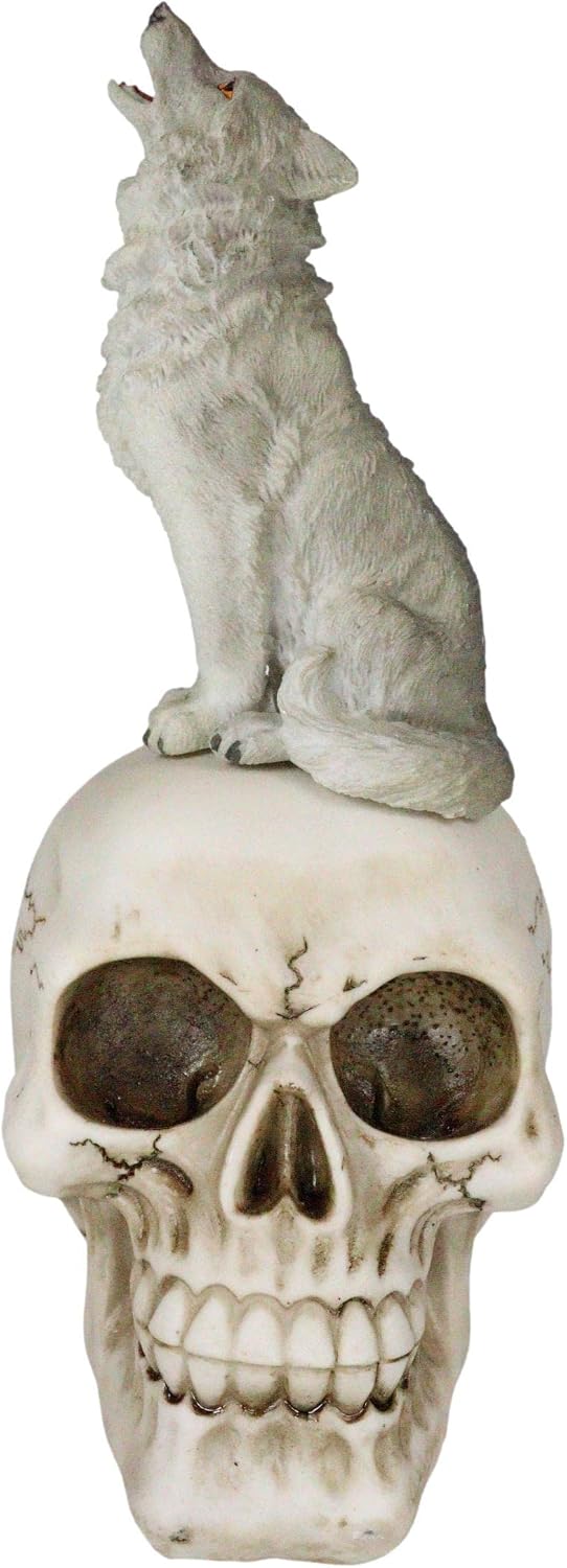 Howling Gray Wolf Sitting On Graveyard Skull Figurine