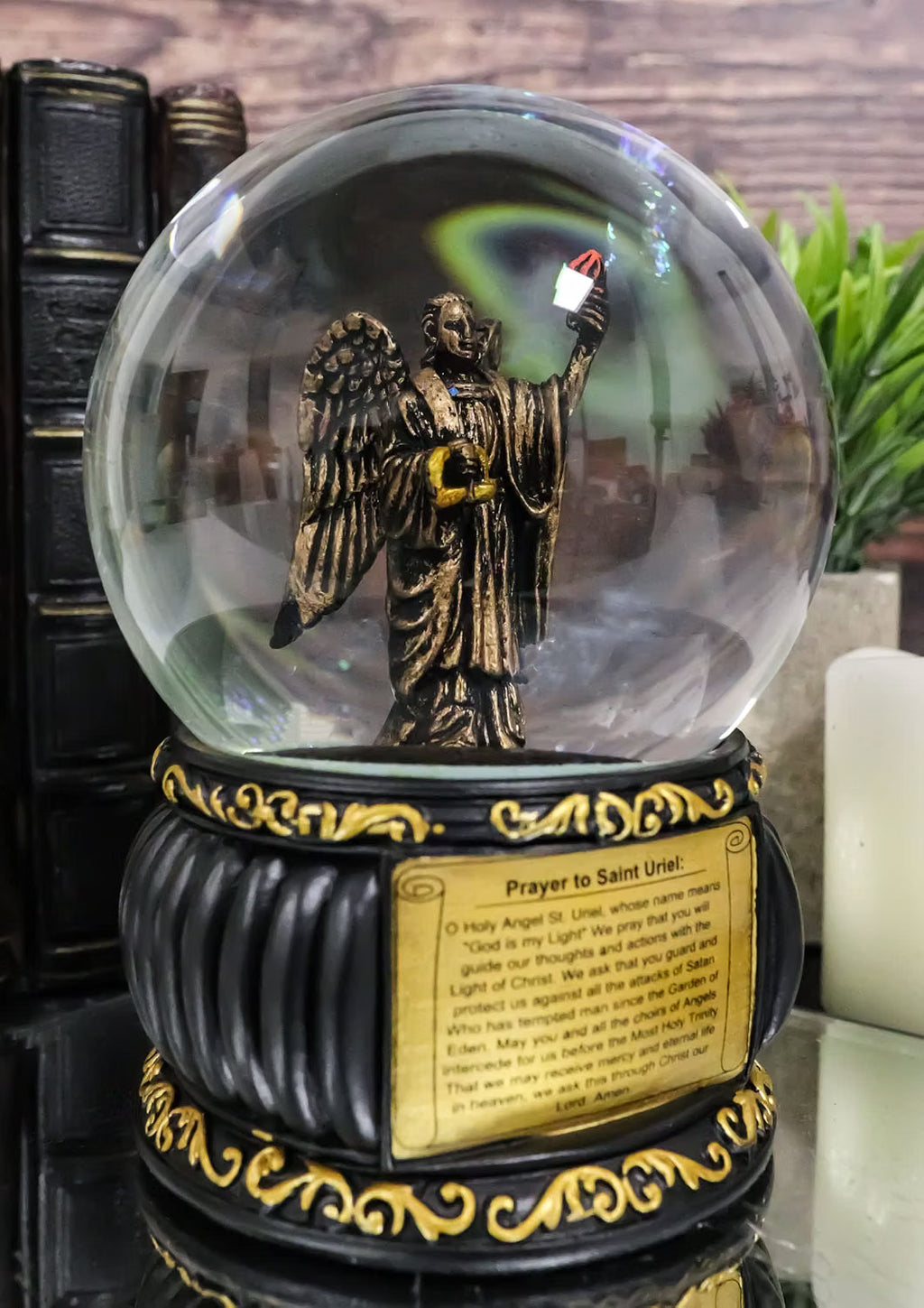 Prayer to Saint Uriel Glitter Water Globe with Prayer Plaque
