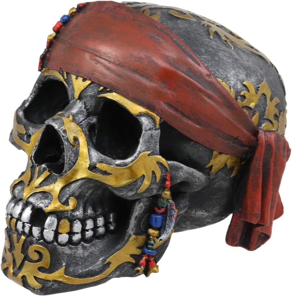 Tribal Gold Tattoo Pirate Skull with Red Bandana Statue