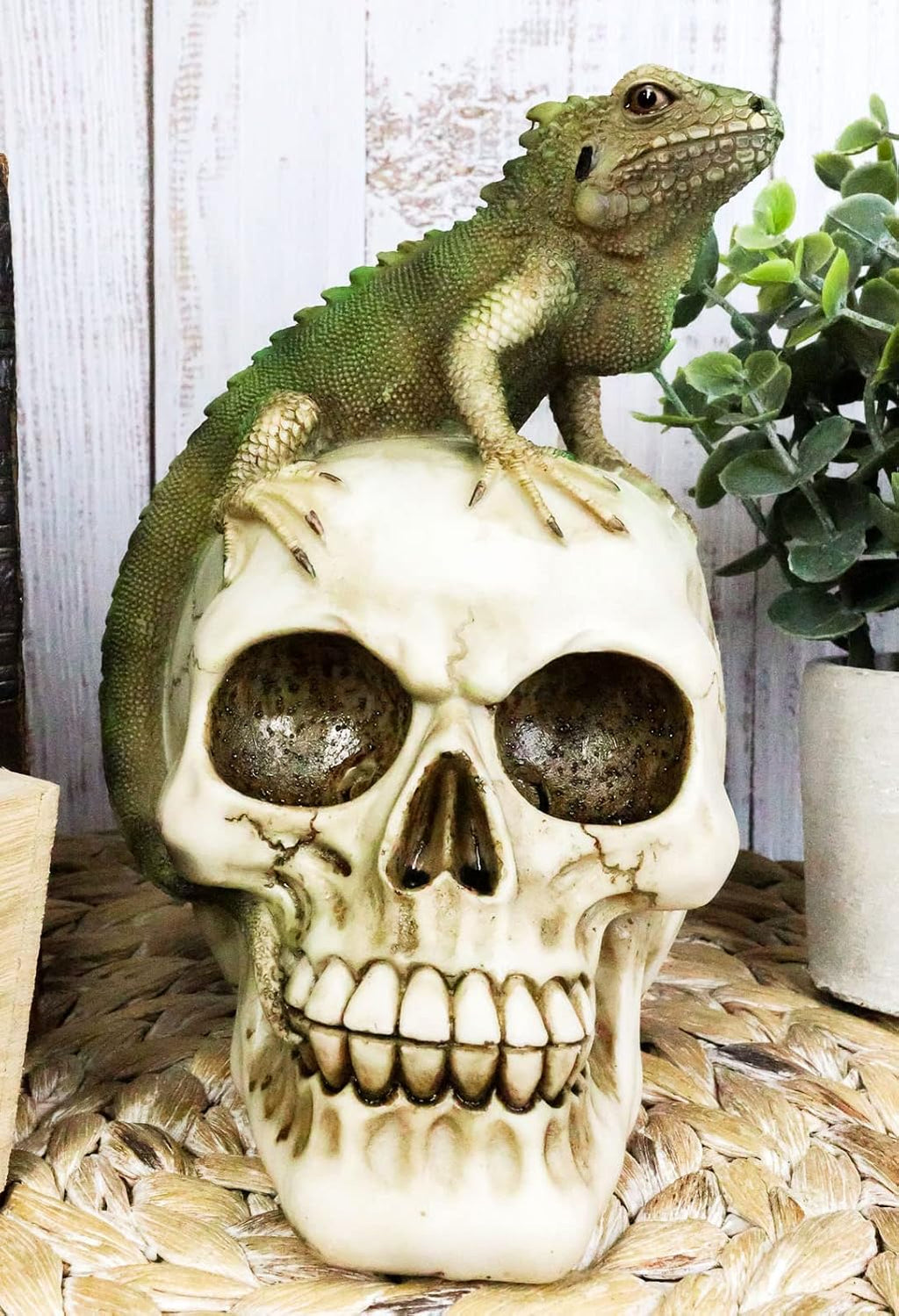 Iguana on Skull Figurine — Reptilian Dark Art Statue