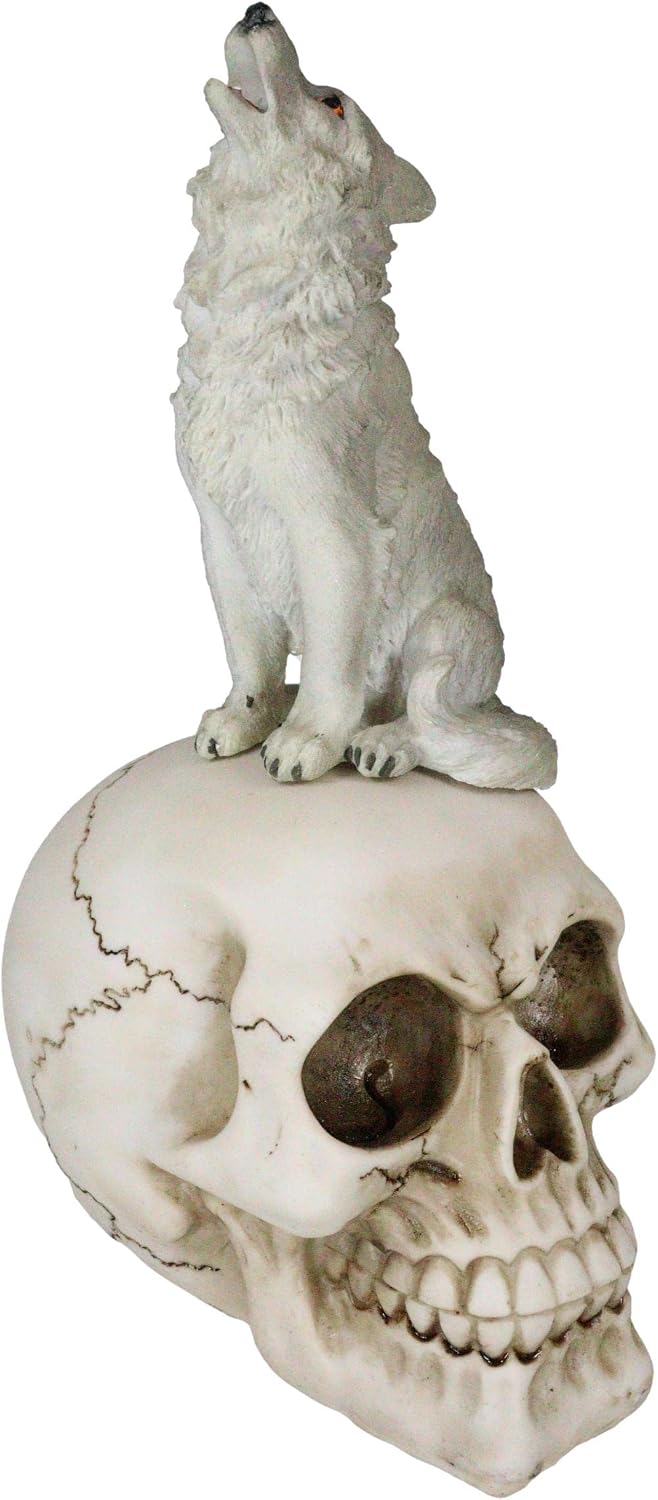 Howling Gray Wolf Sitting On Graveyard Skull Figurine