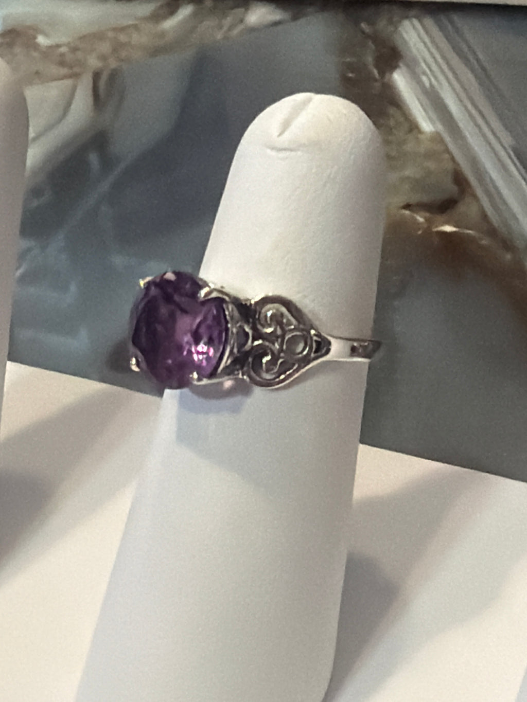 Amethyst Raised Round with Heart Sterling Silver Ring