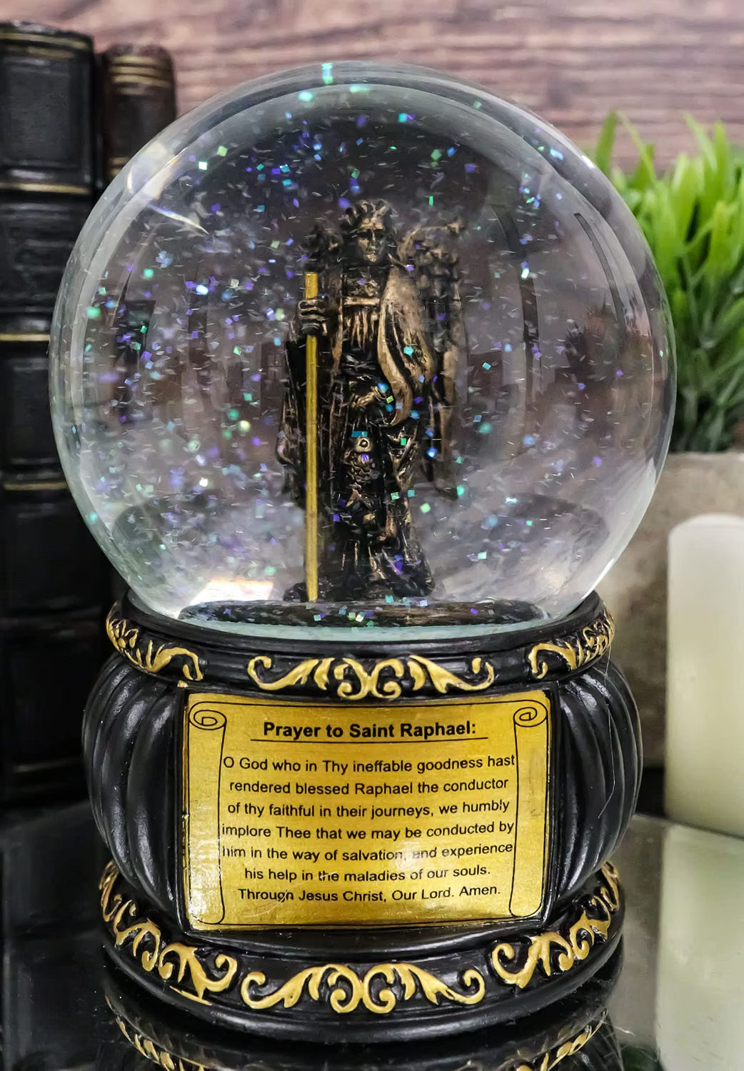 Prayer to Saint Raphael Glitter Water Globe with Prayer Plaque