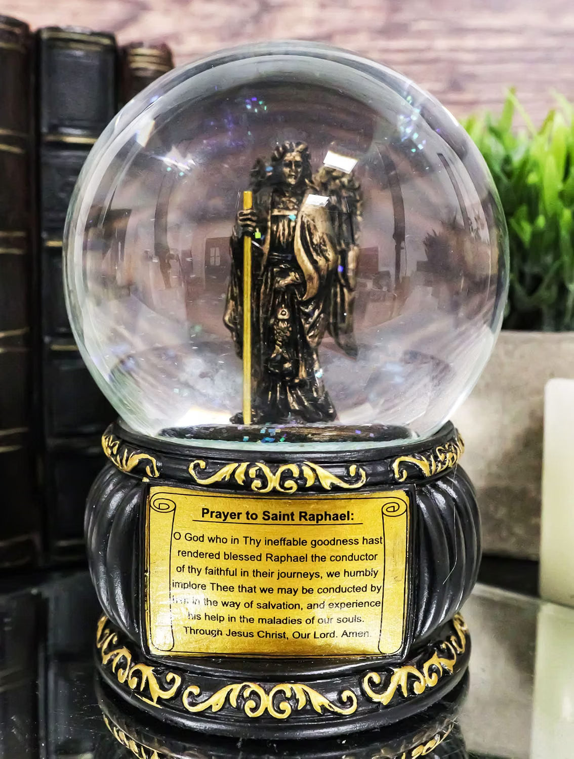 Prayer to Saint Raphael Glitter Water Globe with Prayer Plaque