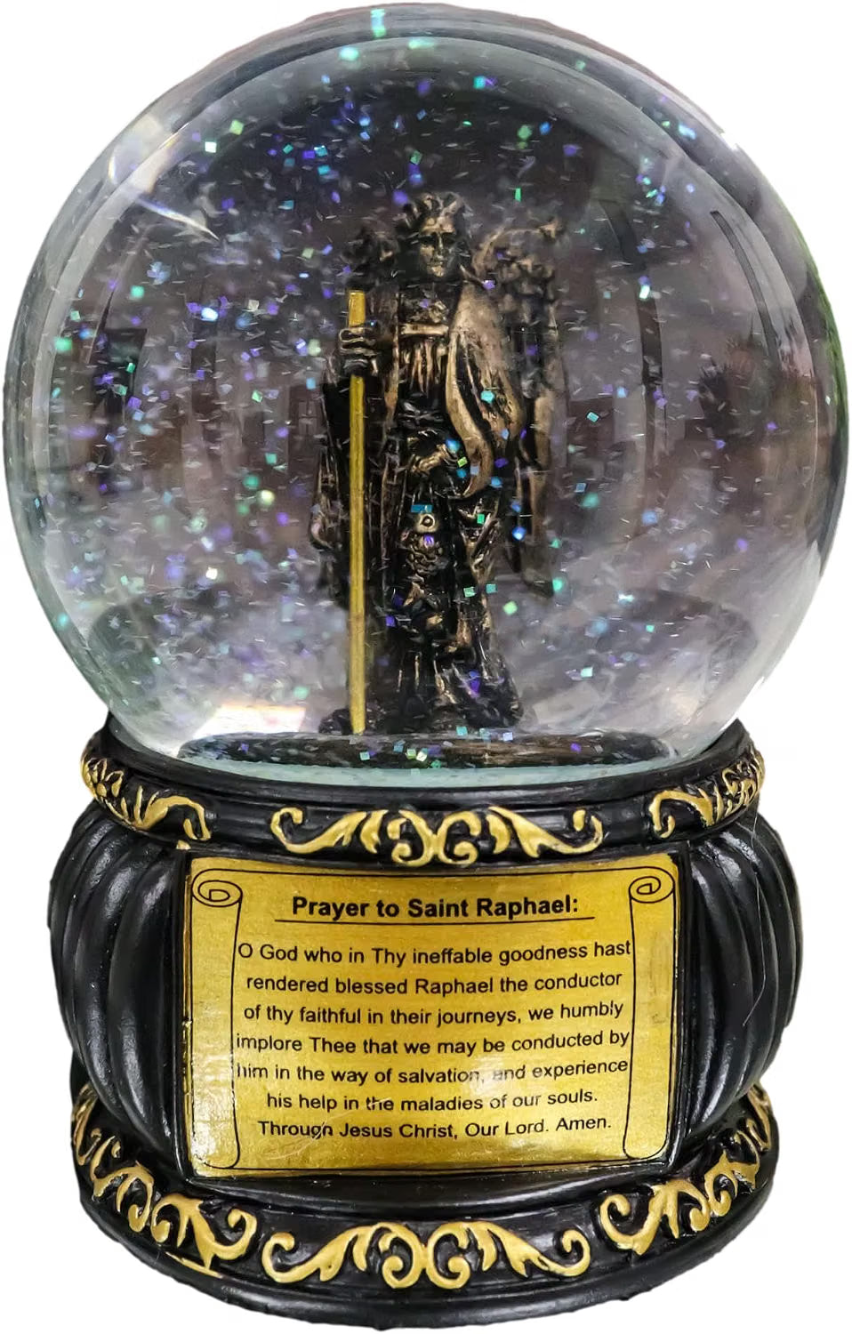 Prayer to Saint Raphael Glitter Water Globe with Prayer Plaque