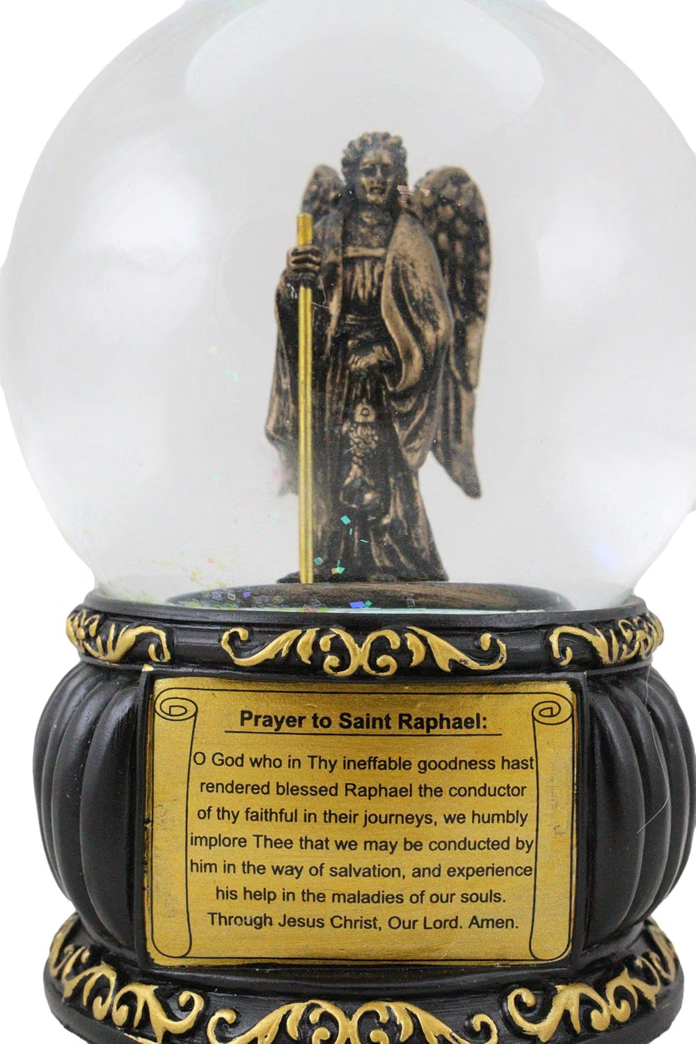 Prayer to Saint Raphael Glitter Water Globe with Prayer Plaque
