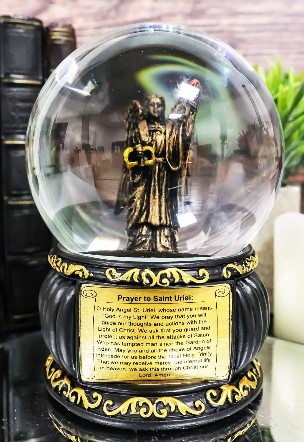 Prayer to Saint Uriel Glitter Water Globe with Prayer Plaque