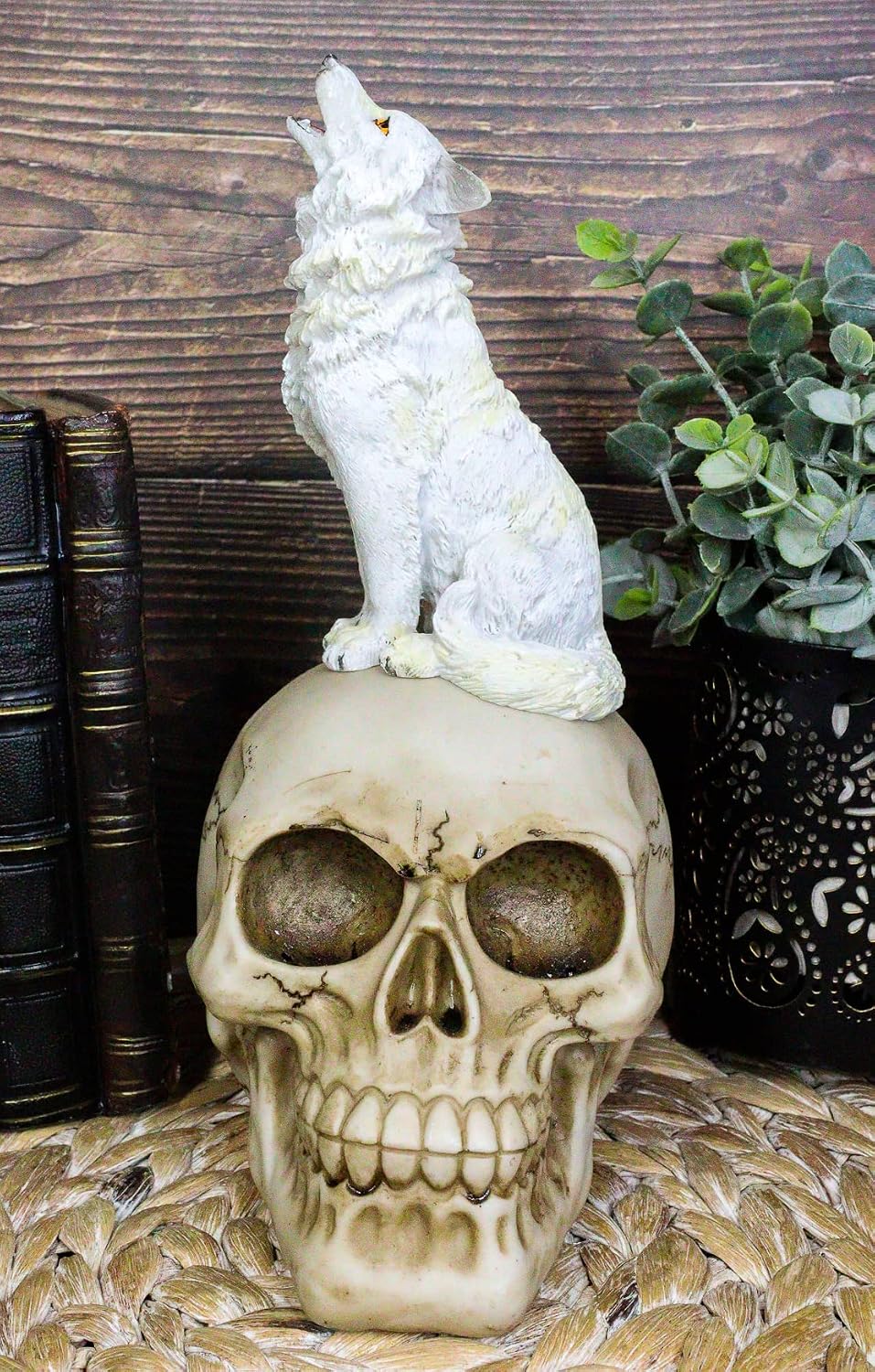 Howling Snow White Wolf Sitting On Graveyard Skull Figurine