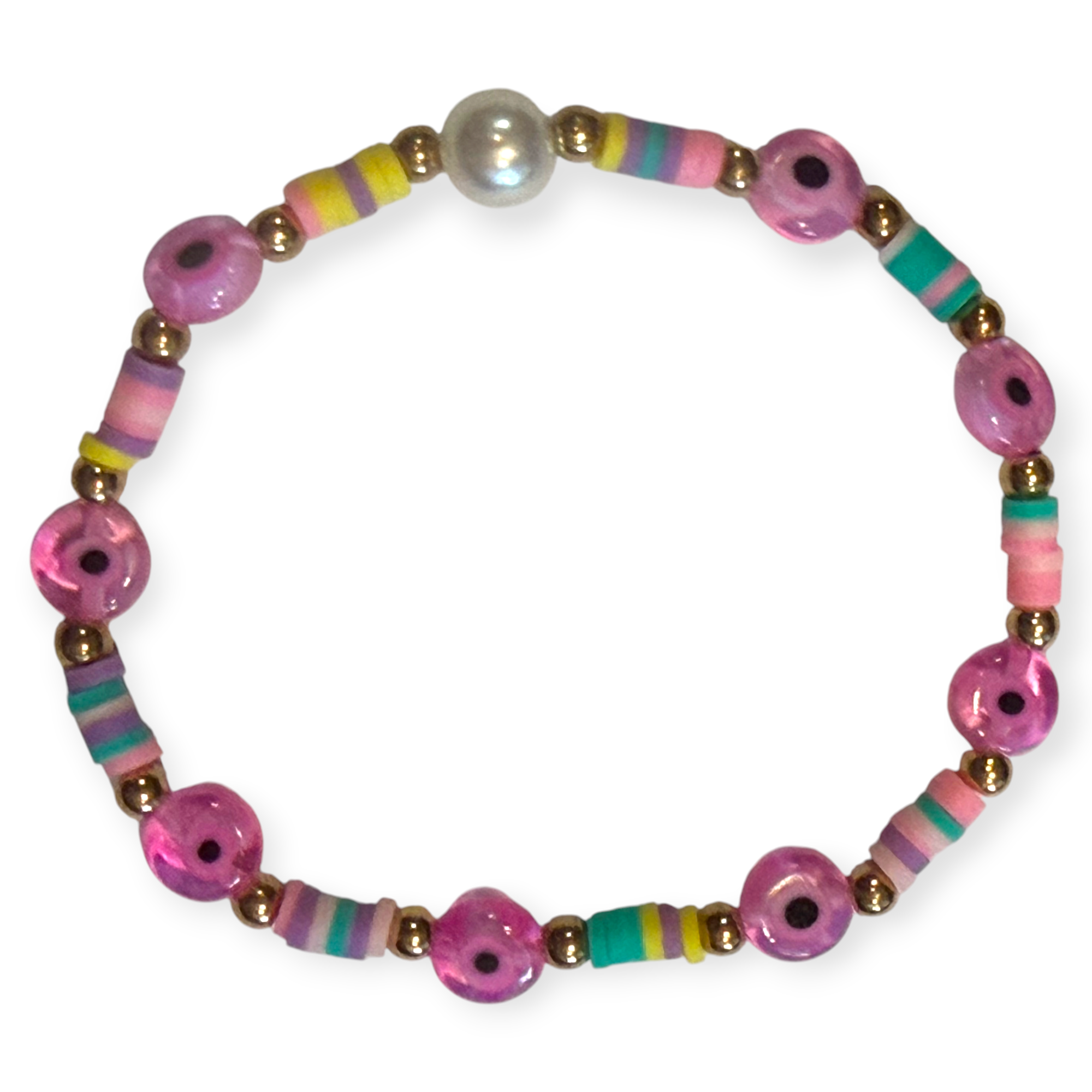 Pink Clay w/Pearl 4mm Evil Eye Bracelet