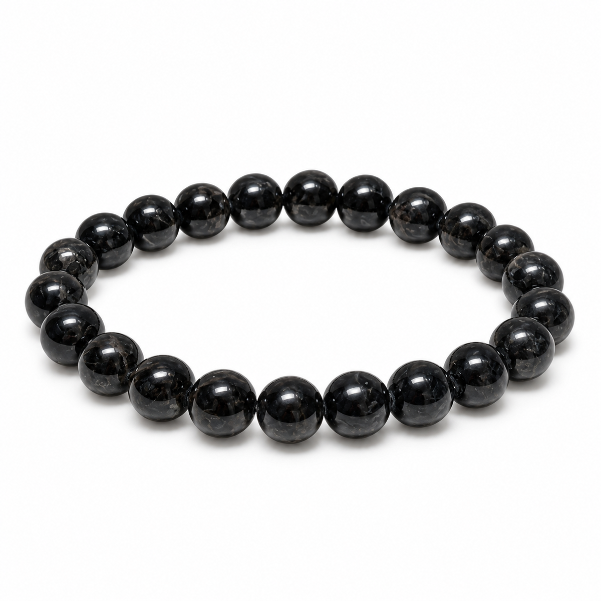 Dark 8mm Astrophyllite beaded stretch bracelet with subtle natural markings on white background