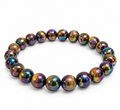 8mm aura tiger's eye bracelet with multicolored iridescent polished beads on white background