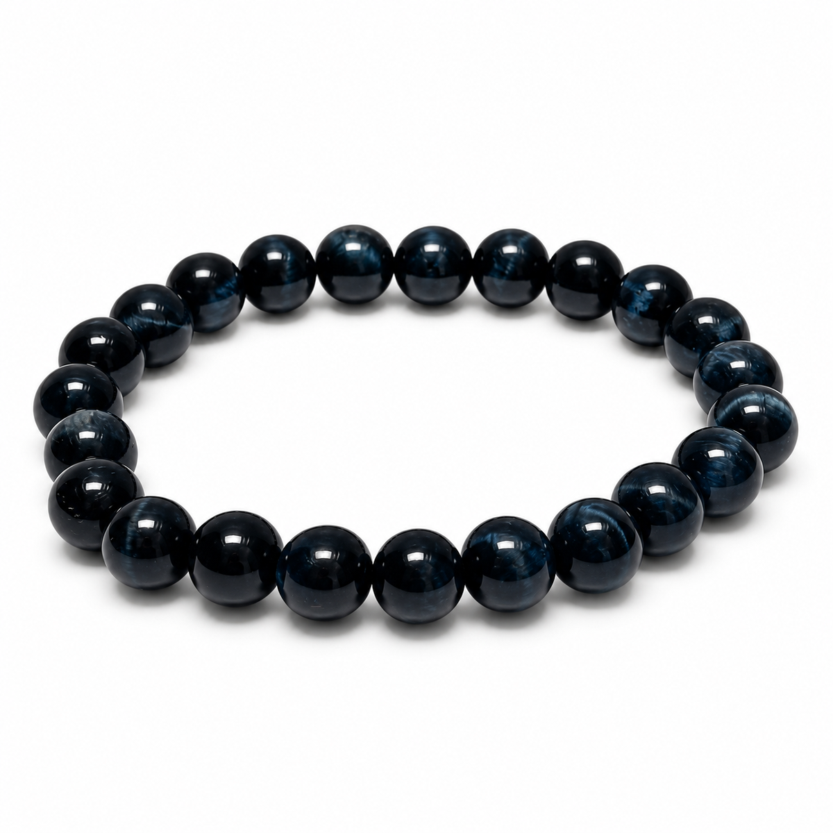 8mm Blue Tigereye Beaded Bracelet on a clean white background
