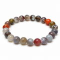 8mm Botswana Agate stretch bracelet with mixed gray and earthy banded beads on white background