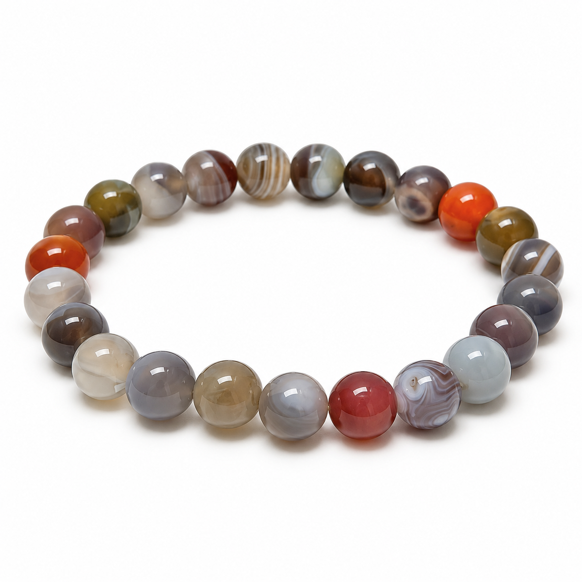 8mm Botswana Agate stretch bracelet with mixed gray and earthy banded beads on white background