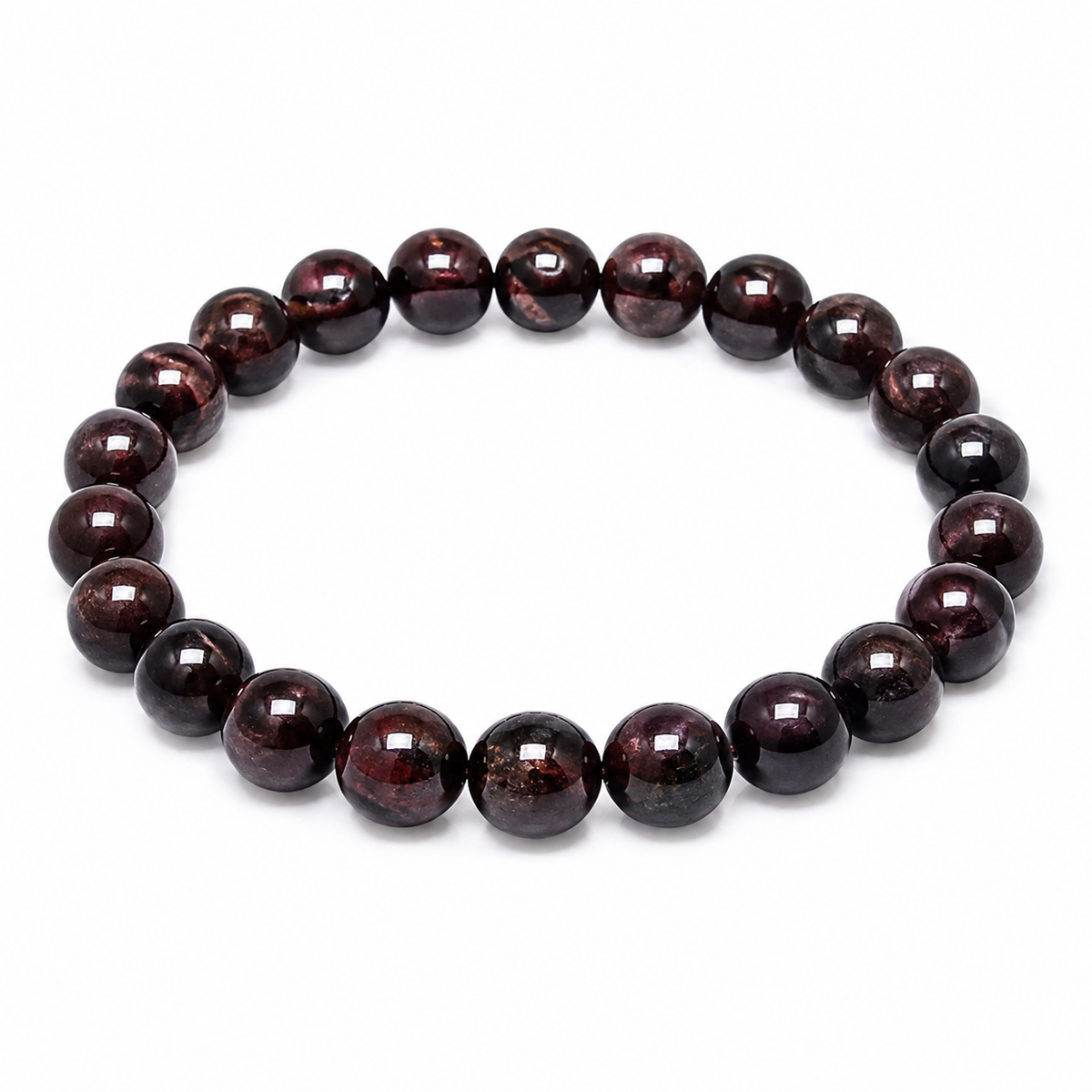 8mm garnet bracelet, deep burgundy polished round gemstone beads on white background