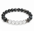 8mm larvikite and clear quartz bracelet with five clear beads and silver-tone spacers on white background