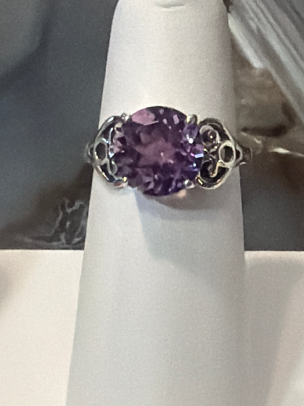 Amethyst Raised Round with Heart Sterling Silver Ring