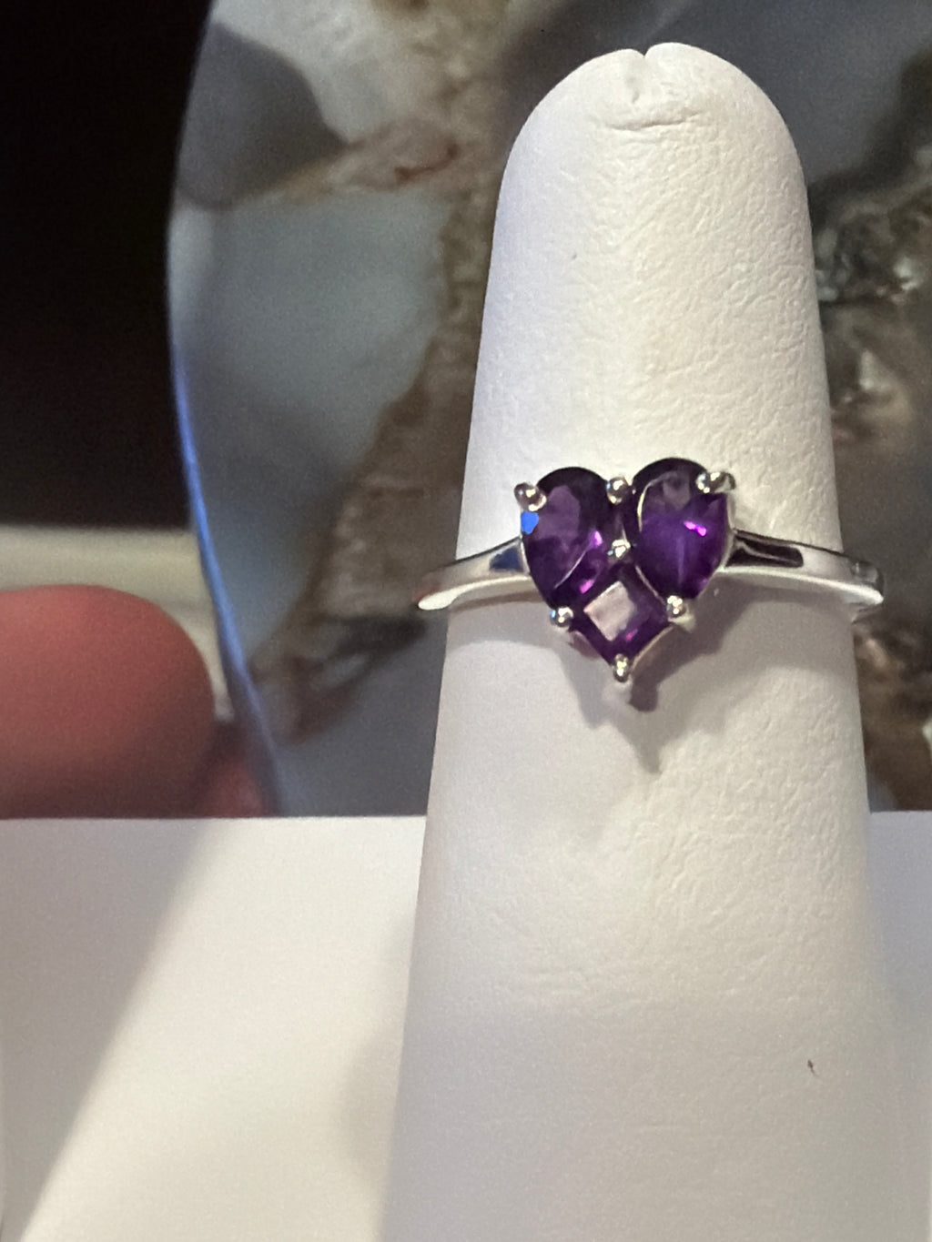 Amethyst 3 Stone Heart Sterling Silver Ring