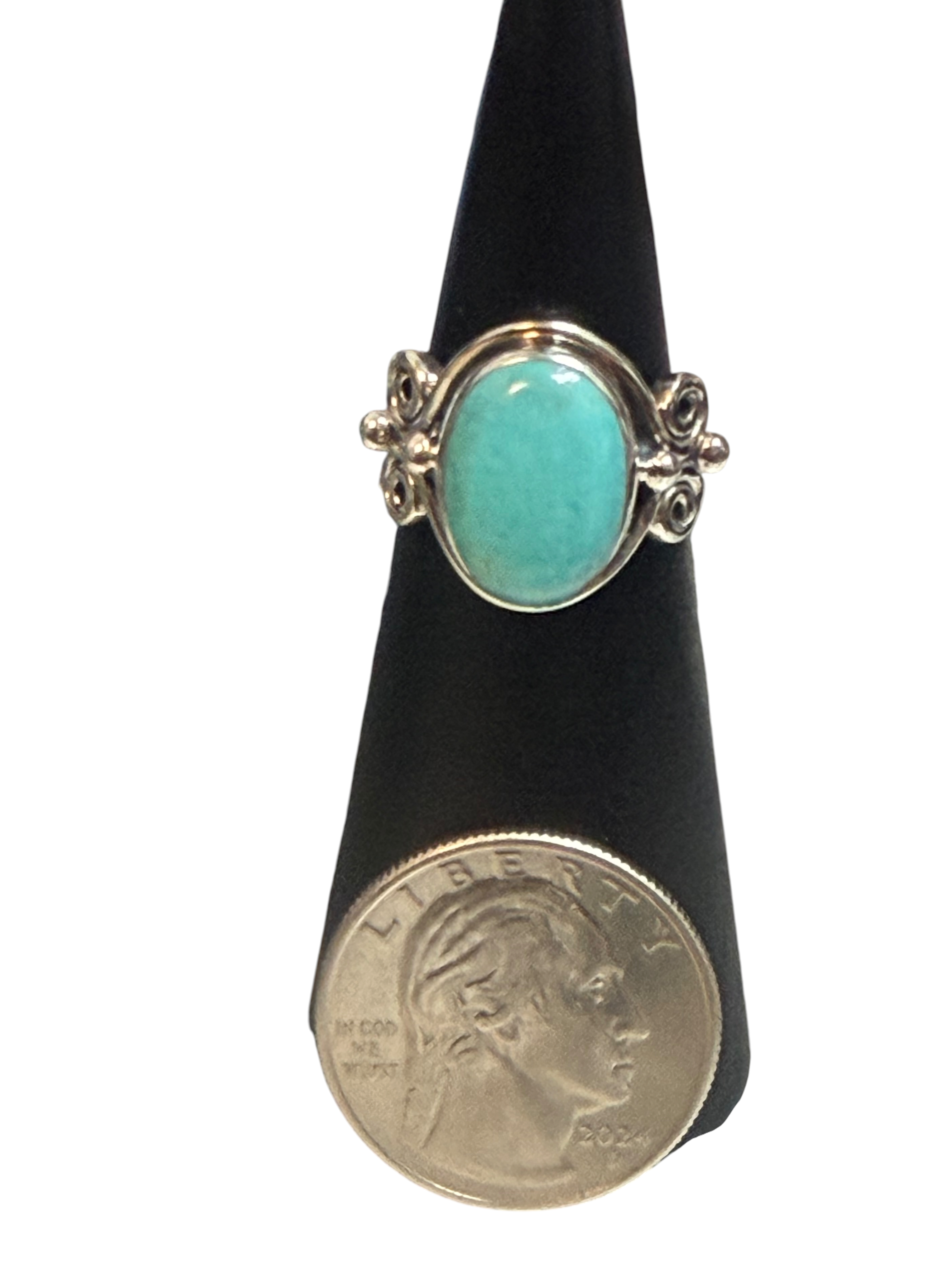 Mexican Turquoise Oval with Spirals Sterling Silver Ring