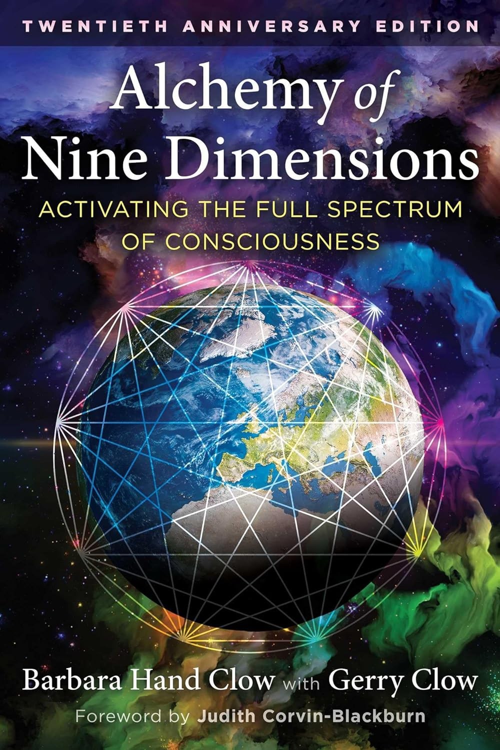Book cover of 'Alchemy of Nine Dimensions' with a globe and dimensional energy design.